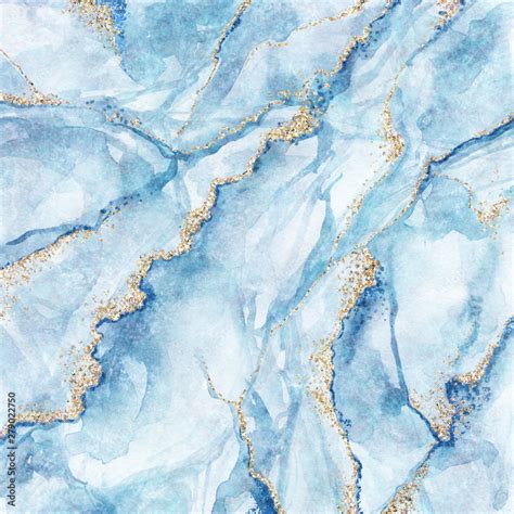 Abstract Background White Blue Marble With Gold Glitter Veins Fake