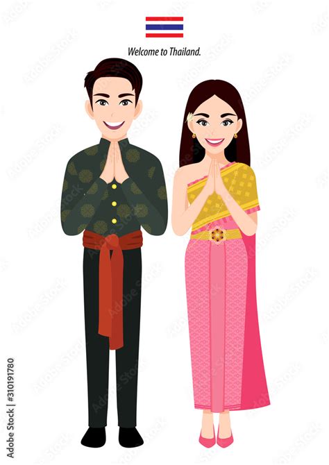 Male And Female In Traditional Costume Thai Greeting Sawasdee And Wai Cartoon Character