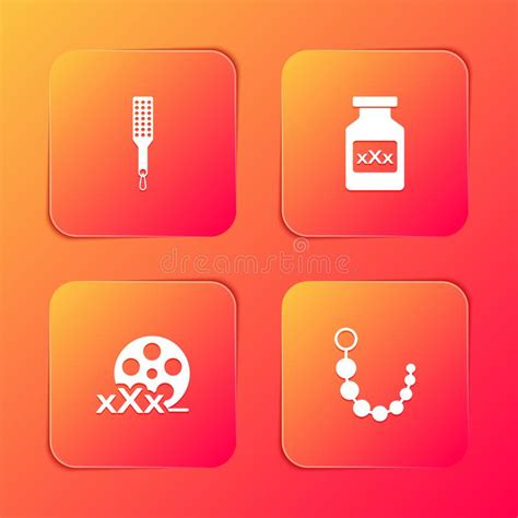 Set Spanking Paddle Bottle With Pills For Potency Film Reel Sex And Anal Beads Icon Vector