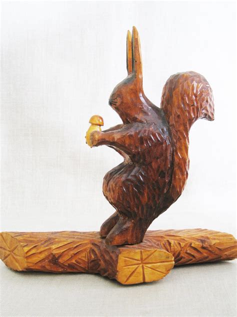 Vintage Folk Art Squirrel Wood Carving Hand Carved Animals Rustic