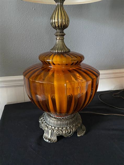 Extra Large Vintage Amber Glass Table Lamps Pair Matching Swag Available Mcm Amber Lamps