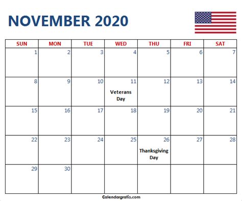 Printable November 2020 Calendar Template Holidays In United States