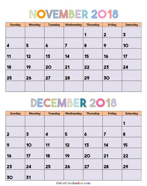 November December 2018 Calendar Color Printable With Images