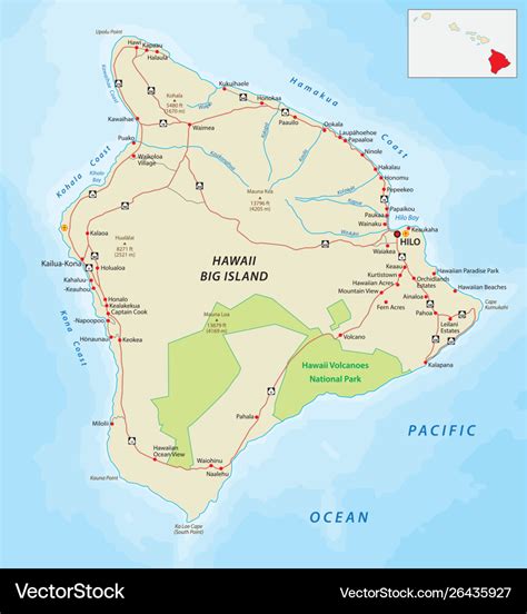 Big Island Road Map Hawaii Royalty Free Vector Image