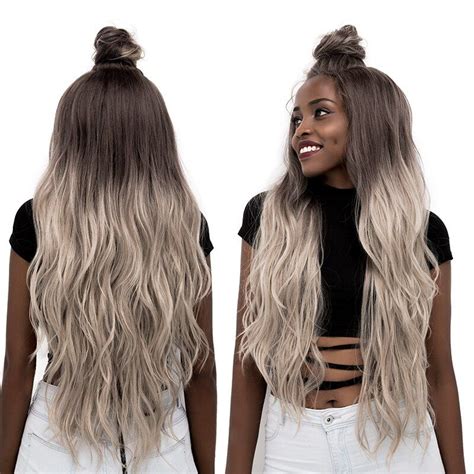 Ombre Grey Synthetic Lace Front Wigs Long Wave Moon Part Lace Wig For