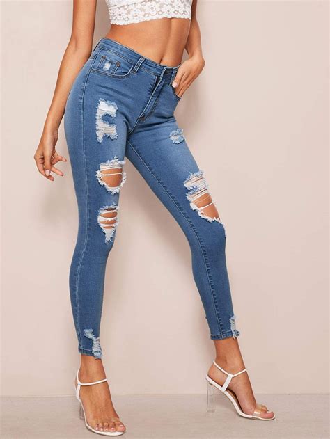 Distressed Faded Skinny Jeans High Waisted Ripped Skinny Jeans Skinny Jeans Women Jeans