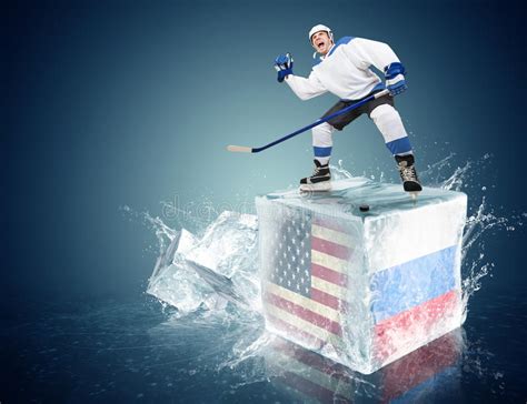 Usa Russia Game Spunky Hockey Player On Ice Cube Stock Photo Image
