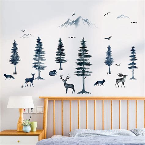 Wondever Woodland Animals Wall Stickers Forest Deers Pine Trees