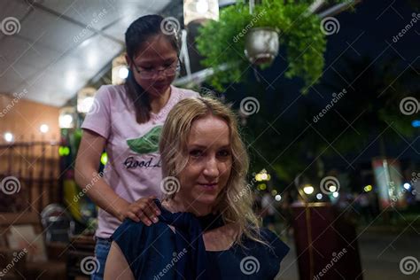 Hoi An Vietnam April 19 2018 Caucasian Girl Enjoys Neck Massage In Hoi An Editorial