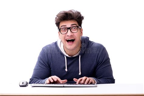 Funny Nerd Man Working On Computer Isolated On White Stock Photo