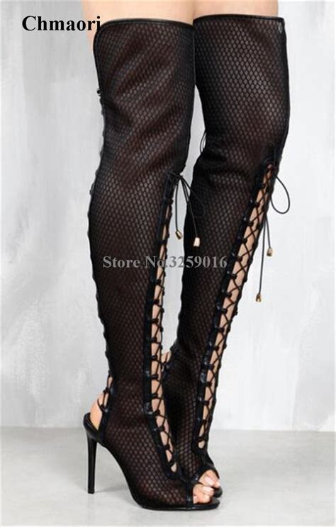 buy 2018 spring women new fashion open toe black mesh gladiator boots cut out