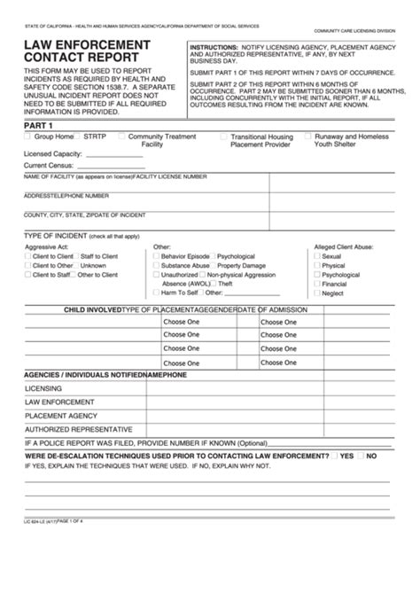 Fillable Form Lic 624 Le Law Enforcement Contact Report Printable Pdf