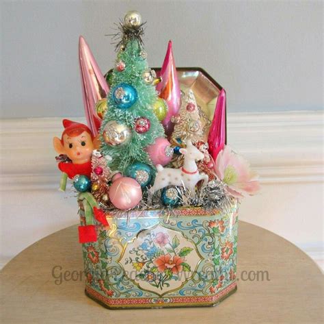 Vintage Inspired Xmas Arrangement In Tin Box Vintage Christmas Crafts