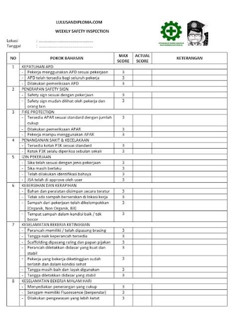 Contoh Form Checklist Inspeksi K3 Lulusandiploma Com Imagesee Riset