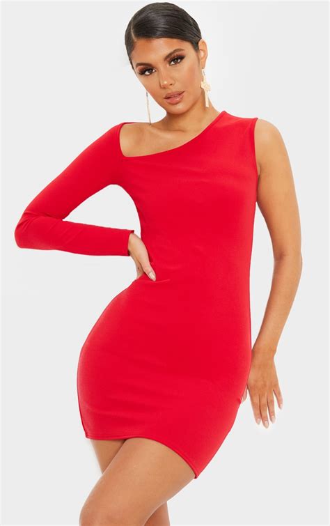 Red One Shoulder Asymmetric Cut Out Bodycon Dress Prettylittlething Ire