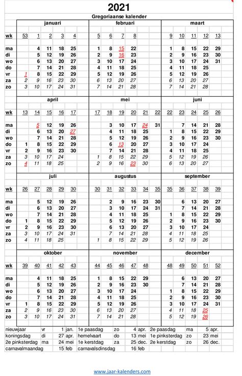 Jaarkalender Kalender 2021 Gratis Download Weeknummers Kalender 2021