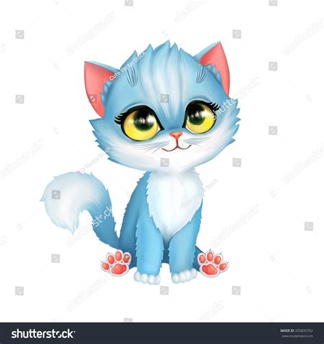 Illustration Of Cartoon Kitten With Big Eyes Isolated Cute Cat On White Background Hand Drawn