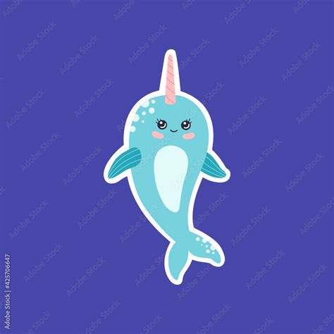 Kawaii Narwhal Sticker Concept Cute Baby Whale Character Hand Drawn