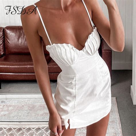 FSDA V Neck Mini Sexy Backless Dress Women Spaghetti Strap White Summer