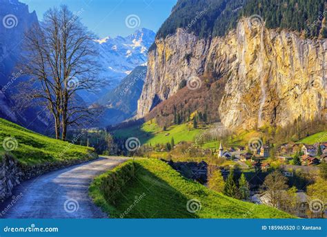 Lauterbrunnen Valley In Swiss Alps Mountains Switzerland Stock Photo