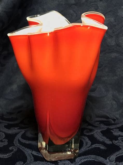 Murano Style Handkerchief Style 6” Red To Orange Vase With White Inside Ebay