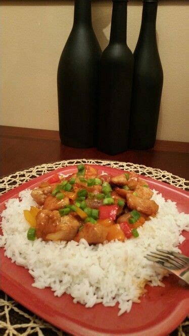 Add the marinated chicken meat, stir frequently for about 3 to 4 minutes until outside of chicken turns light brown, set aside. Sweet & Sour Chicken (onions bell peppers served over rice ...