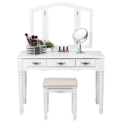 Songmics Vanity Table Set 3 Large Drawers Tri Folding Mirror Make Up Dressing Table With