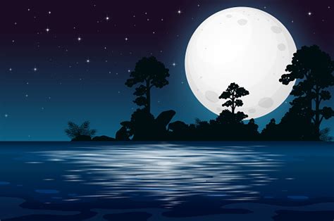 A Full Moon Night At The Lake Stock Illustration Download Image Now