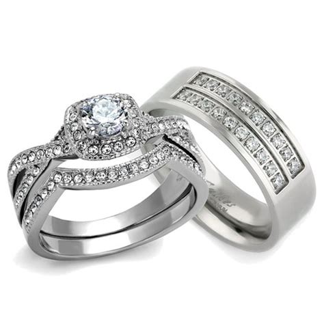 Luxury cz stainless steel wedding engagement rings for men jewelry r3409. HIS & HER 3PC SILVER STAINLESS STEEL & TITANIUM WEDDING ...