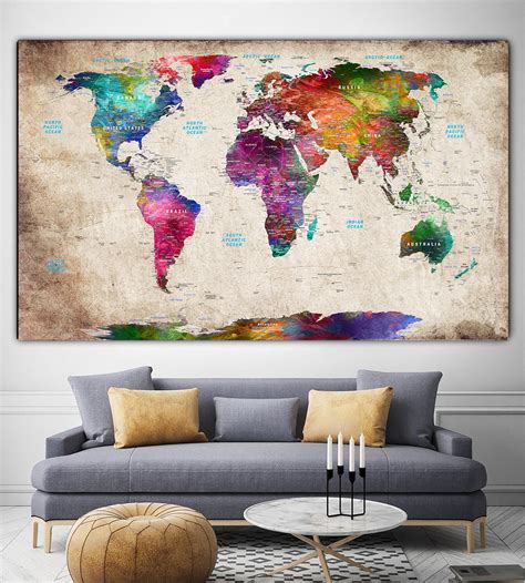 Extra Large World Map Wall Print Canvas Colorful World Map Etsy