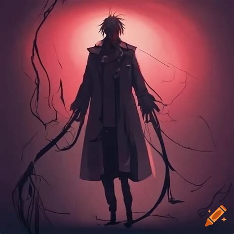Anime Man Wearing Black Trench Coat Tendrils Walking In Fog Night With