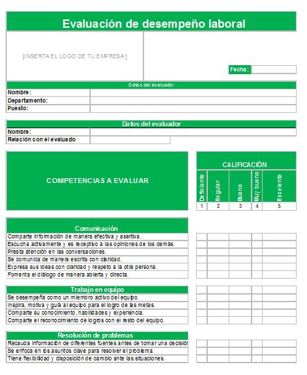 Descarga gratis el formato de evaluación de desempeño laboral en Excel
