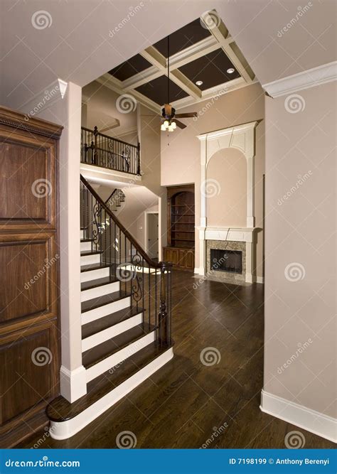 Staircase To Luxury Living Room With Fireplace Stock Image Image Of