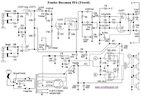 Stereo tone control circuit diagram with pcb layout. Fender Bassman 5F6-A Tube Amplifier - Circuit Scheme