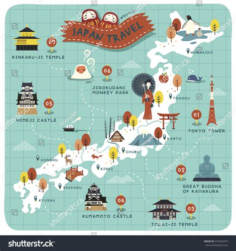 Japan Travel Map Historical Sites On Lovely Map Royalty Free Stock Vector 475560373