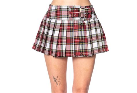 white and red tartan banned apparel buckle mini skirt