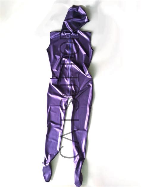 New Arrived Mens Latex Jumpsuit Rubber Catsuit With Cap In Metallic Purple Sleevelessteddies