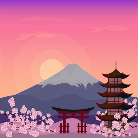 Mountain Fuji Japan Sakura View Landscape Travel Place Ilustration