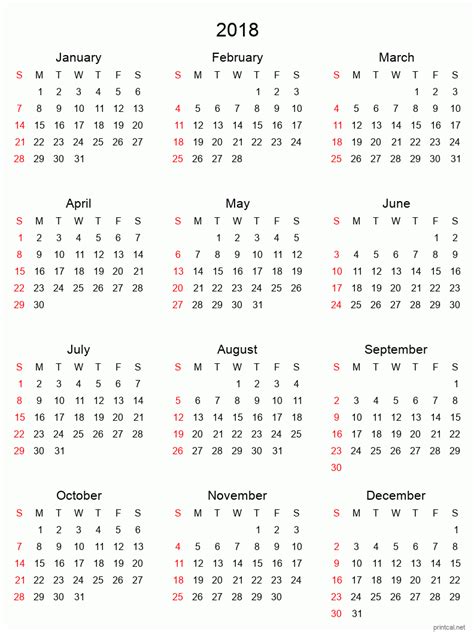 Printable 2018 Calendar Blank Template 1 Simple Tabular