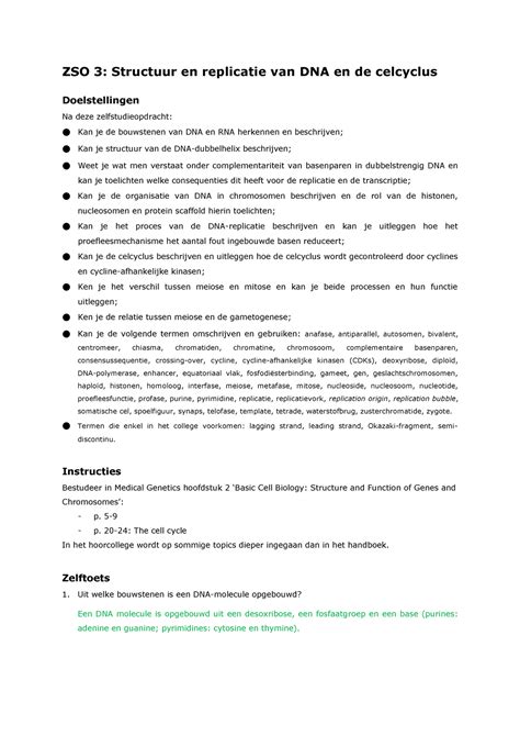 Zso Zso Structuur En Replicatie Van Dna En De Celcyclus