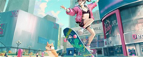 2560x1024 Skyline Anime Girl Skateboard With Dog 2560x1024 Resolution