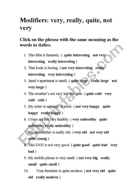 modifiers very really quite not very esl worksheet by almoz