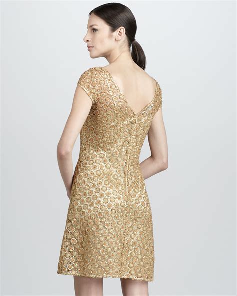 Kay Unger New York Cap Sleeve Lace Over Slip Dress Gold