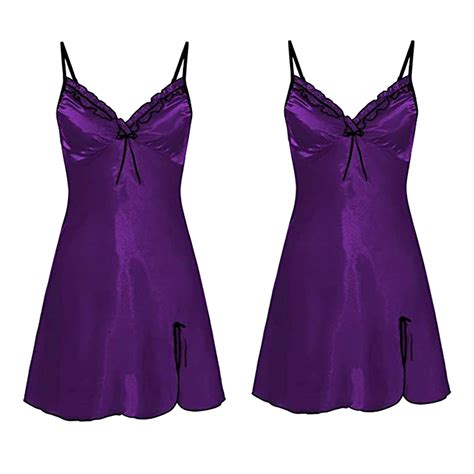Robes For Women Ladies Sexy Nightgown V Neck Big Open Back Hem Sexy Satin Nightgown Purple Xl