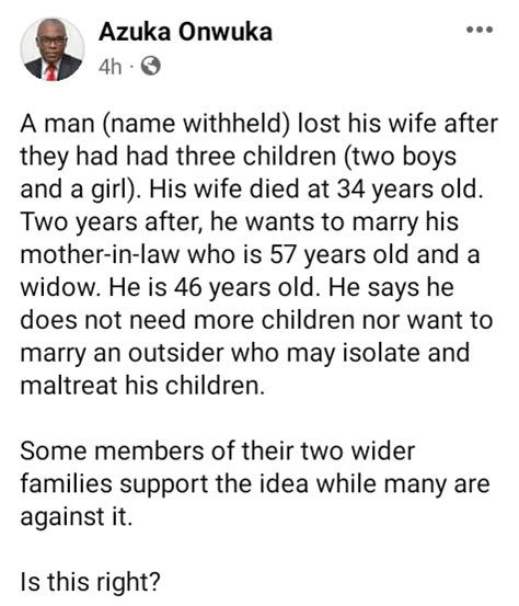 Nigerian Man Declares Intention To Marry His Widowed Mother In Law Two Years After His Wifes Death