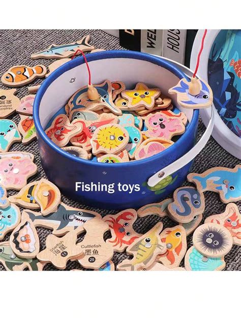 15pcs Fishing Toy Wooden Magnetic Fishing Toy Baby Cartoon Marine Life