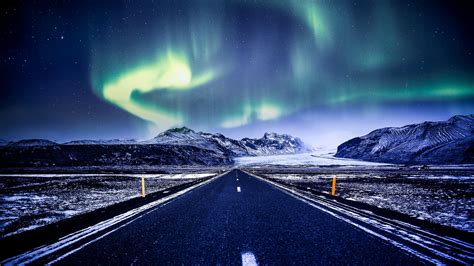 Download Wallpaper 2560x1440 Northern Lights Aurora Road Marking