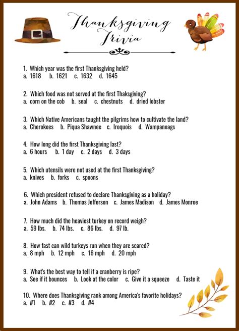 Fun Thanksgiving Trivia Printable