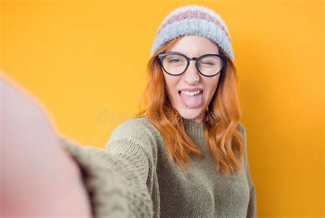 Selfie Close Up Funny Mocked Woman Takes Photo Of Himself With Her