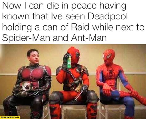 Deadpool Holding A Can Of Raid While Next To Spider Man And Ant Man